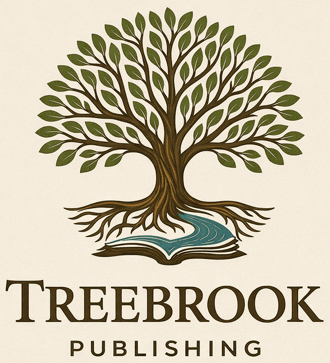 Treebrook Publishing logo featuring a tree with deep roots above a flowing brook symbolizing knowledge and intellectual growth
